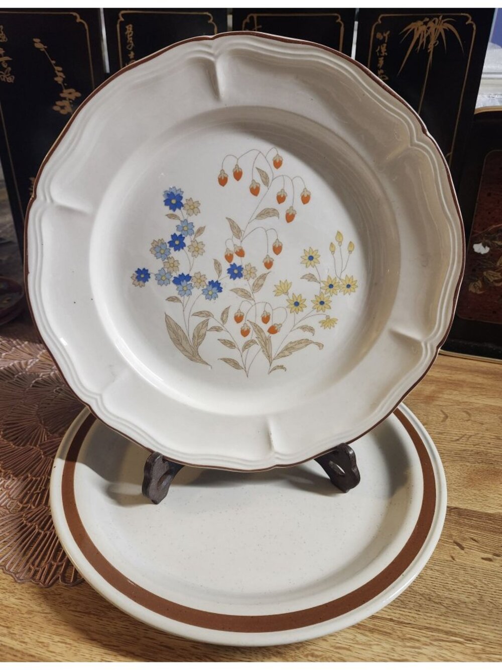 2- Vintage Stoneware 12" Serving Dishes Chop Plate Floral Retro